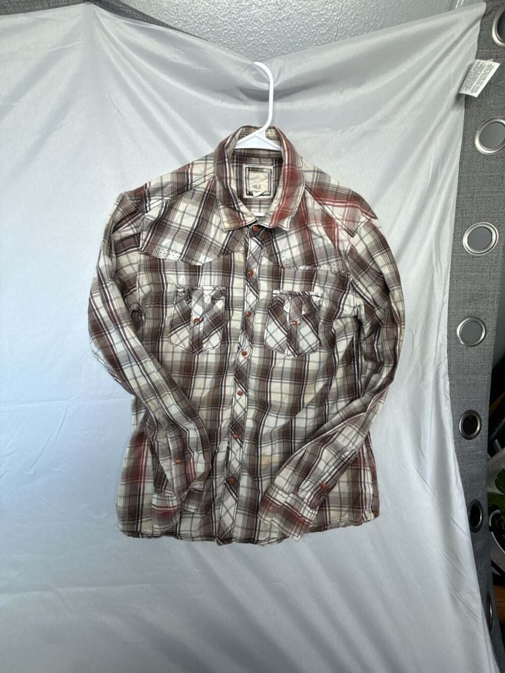 Y2K BKE Plaid Western Long Sleeve Pearl Snap Shirt Large Brown White